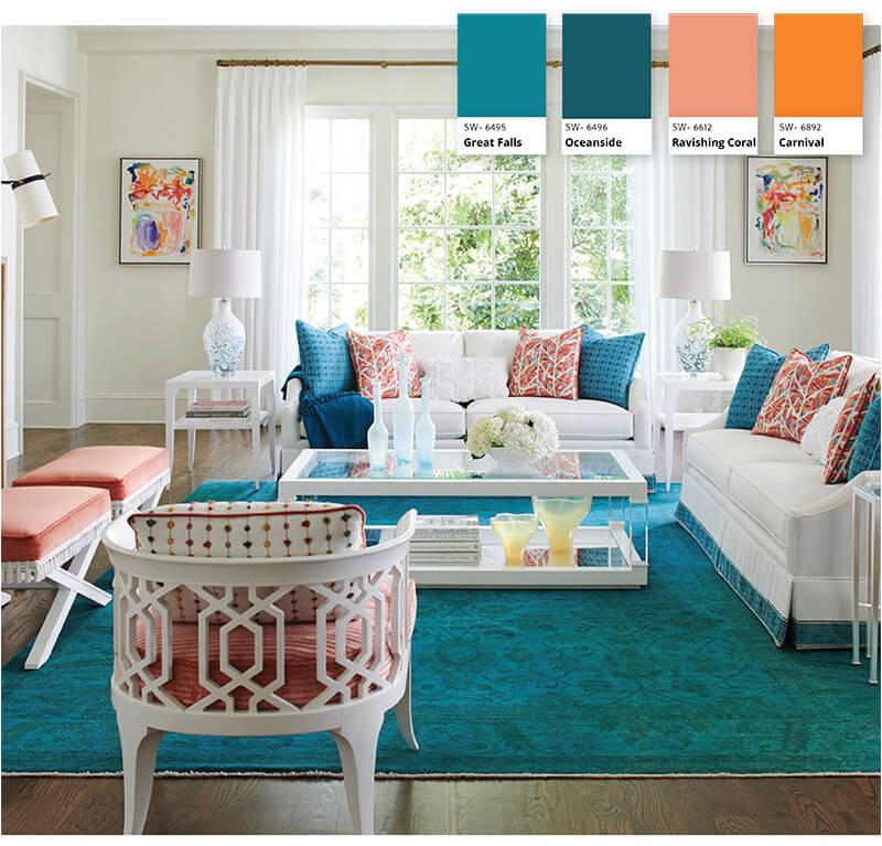 a living room scene with accents of blue, orange, and salmon